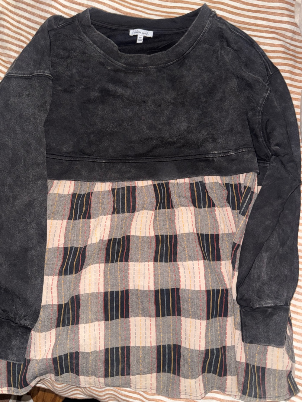 White Birch Black Pullover Sweatshirt with Plaid Hem (NWOT)